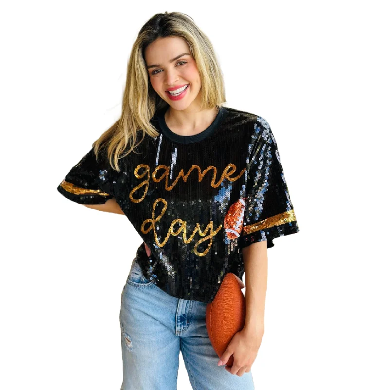Simply Southern Ladies Sequined Game Day Black Shirt 0224-TOP-SQNLUXE-GAMEBLK-- Hooded Caped Shawl Collar Simply Southern Ladies Sequined Game Day Black Shirt 0224-TOP-SQNLUXE-GAMEBLK-- Hooded Caped Shawl Collar