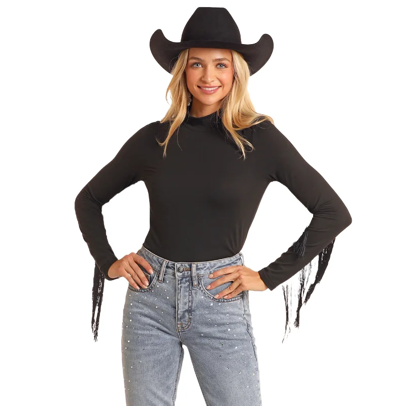 Panhandle Ladies Mock Neck With Fringe Black Shirt BW52T05289-- Spandex Blend Rayon Blend Denim Blend Panhandle Ladies Mock Neck With Fringe Black Shirt BW52T05289-- Spandex Blend Rayon Blend Denim Blend