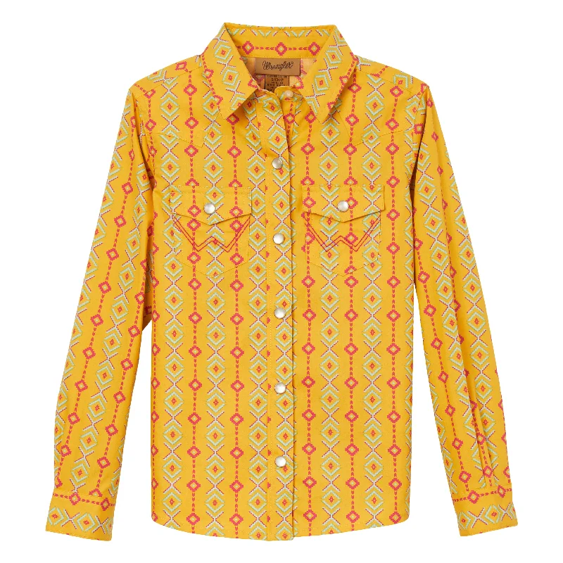 Wrangler Youth Girl's Yellow Geo Print Snap Down Shirt 112344177-- Graphic Embroidered Appliqued