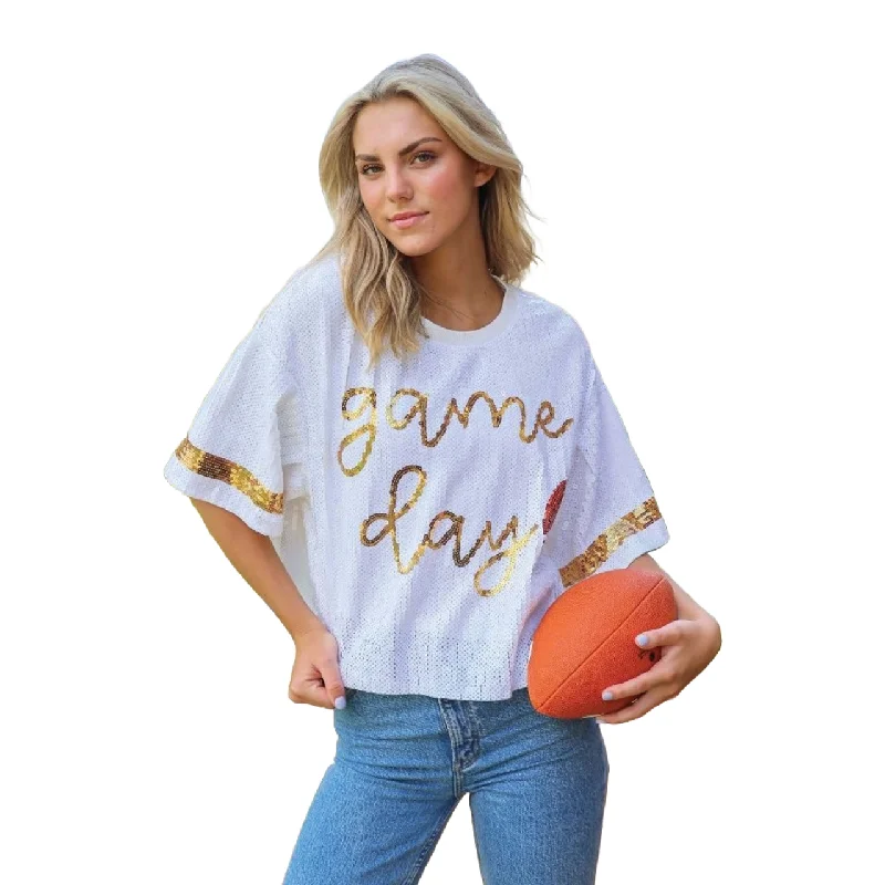 Simply Southern Ladies Sequined Game Day White Shirt 0224-TOP-SQNLUXE-GAMEWHT-- Ribbed Striped Patterned Simply Southern Ladies Sequined Game Day White Shirt 0224-TOP-SQNLUXE-GAMEWHT-- Ribbed Striped Patterned