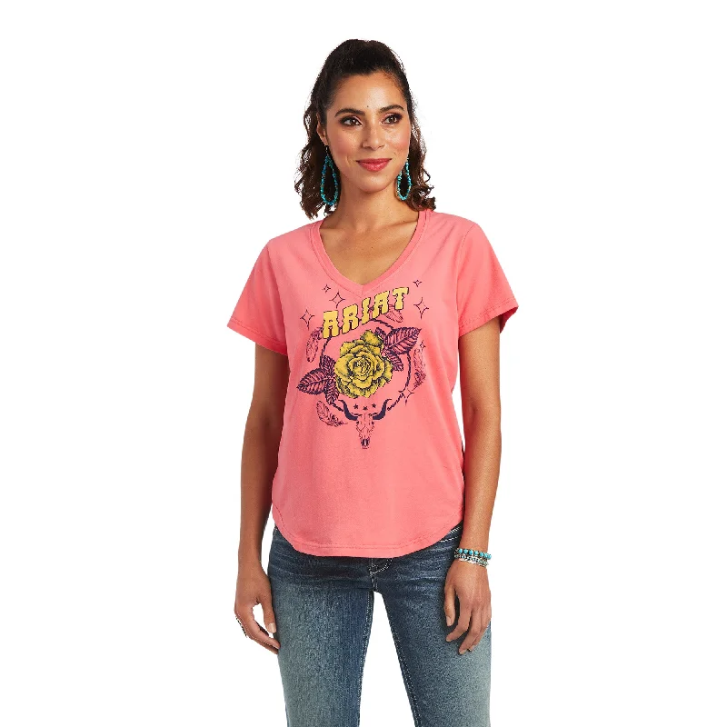 Ariat Ladies Coming Up Roses Short Sleeve Coral Paradise T-Shirt 10040507-- Hooded Caped Shawl Collar Ariat Ladies Coming Up Roses Short Sleeve Coral Paradise T-Shirt 10040507-- Hooded Caped Shawl Collar