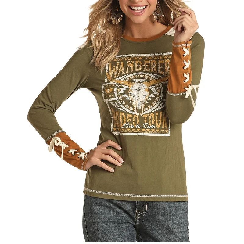 Panhandle® Ladies Olive Green Graphic Lace Up Cuff Shirt L8T7223-31-- Satin Fabric Silk Fabric Chiffon Fabric