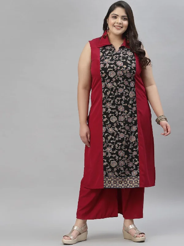 Sztori Plus Size Floral Printed Shirt Collar Straight Crepe Kurta with Palazzos-- Oversized T-Shirt Spandex breathable