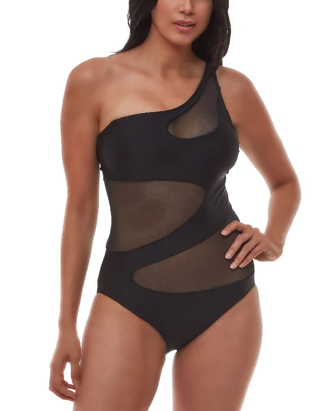 Matte Mesh Cut-Out One-Shoulder One Piece Swimsuit Push-Up Bikini Top