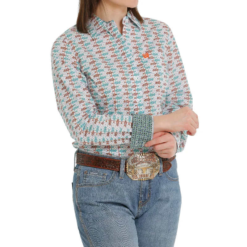 Cinch® Ladies White Geometric Button Down Shirt MSW9164201-- Iron Safe Non-Iron Wrinkle Free Cinch® Ladies White Geometric Button Down Shirt MSW9164201-- Iron Safe Non-Iron Wrinkle Free