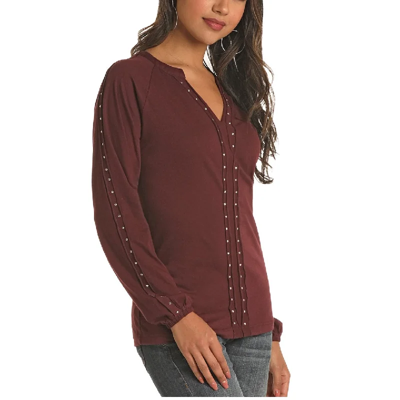 Panhandle Ladies Knit Peasant Maroon With Studs Shirt L8T7216-60-- Hooded Caped Shawl Collar
