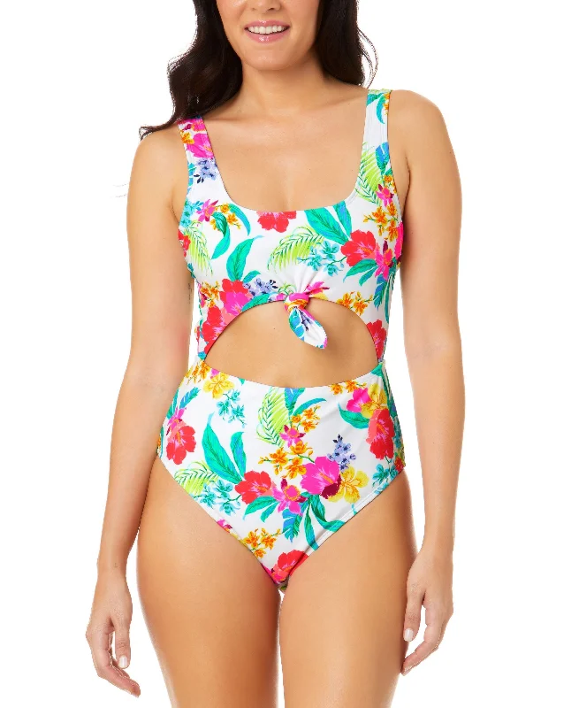 Juniors' Retro Hibiscus Knot-Front One-Piece Swimsuit Two-Piece Beachwear
