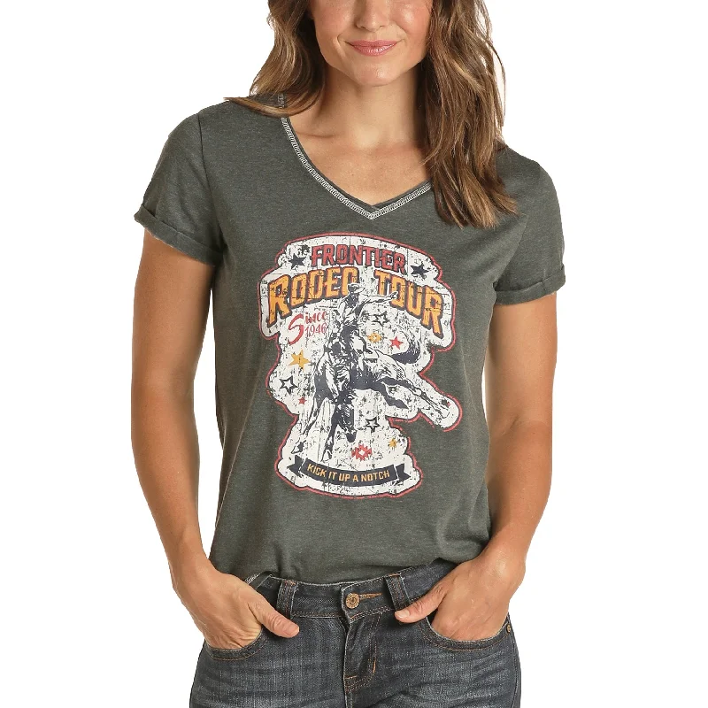 Panhandle Ladies Short Sleeve Graphic V-Neck Grey T-Shirt L9T8552-- Hooded Caped Shawl Collar Panhandle Ladies Short Sleeve Graphic V-Neck Grey T-Shirt L9T8552-- Hooded Caped Shawl Collar