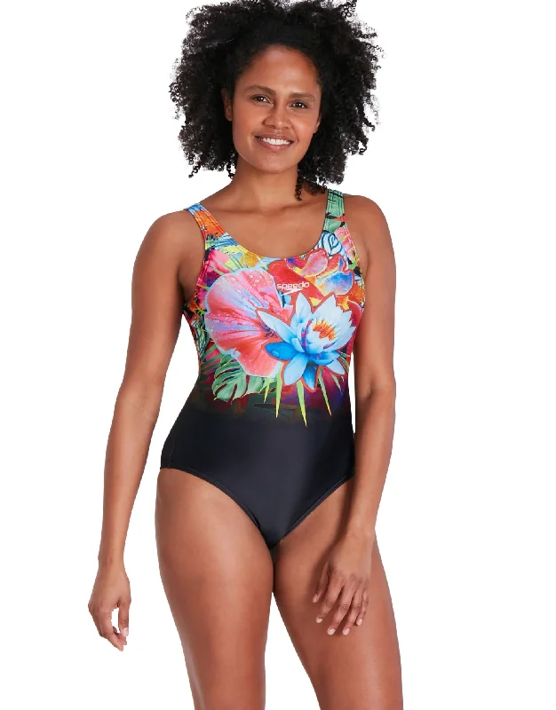 Speedo Digital Placement U-Back Swimsuit - Black/Multi Flirty Ruffle Swimsuit