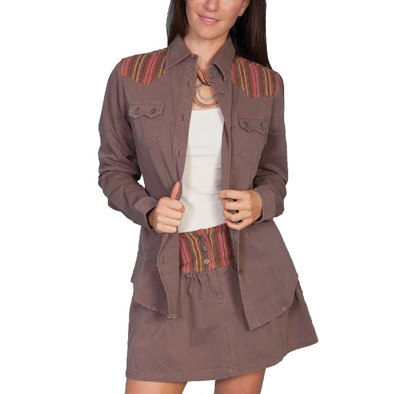 Scully Ladies Brown and Serape Stripe Twill Button Down Shirt HC55-BRN-- Print Jacquard Patchwork Scully Ladies Brown and Serape Stripe Twill Button Down Shirt HC55-BRN-- Print Jacquard Patchwork