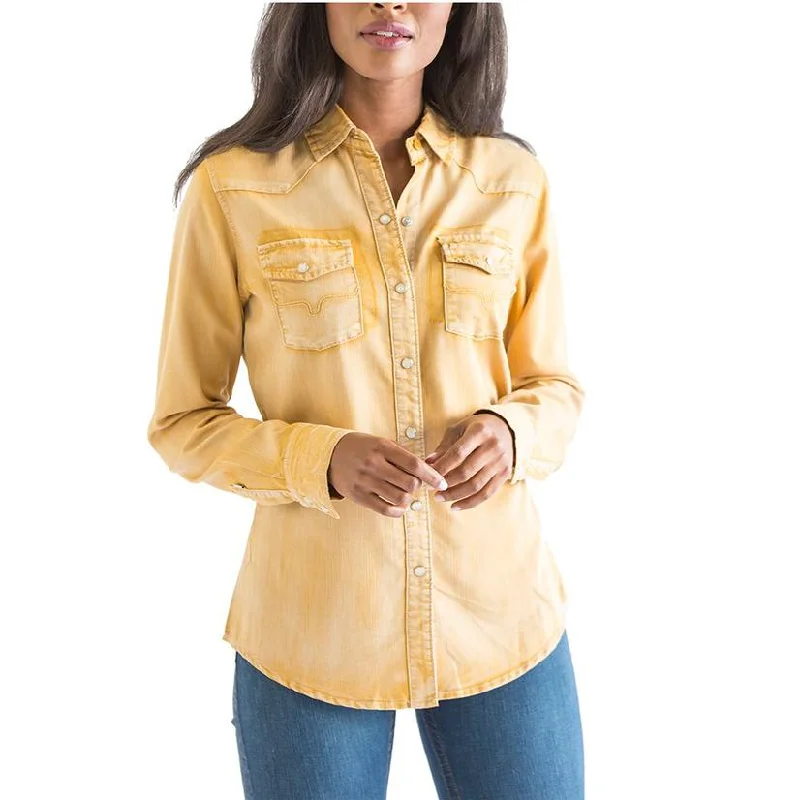 Kimes Ranch Ladies Kaycee Denim Camel Gold Snap Shirt KAYCEE-CAM-- Print Jacquard Patchwork