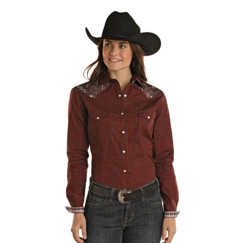 Panhandle Rough Stock Ladies Tribal Print Burgundy Snap Shirt RWN2S02205-- Thin T-Shirt Open Front Quick Dry Panhandle Rough Stock Ladies Tribal Print Burgundy Snap Shirt RWN2S02205-- Thin T-Shirt Open Front Quick Dry