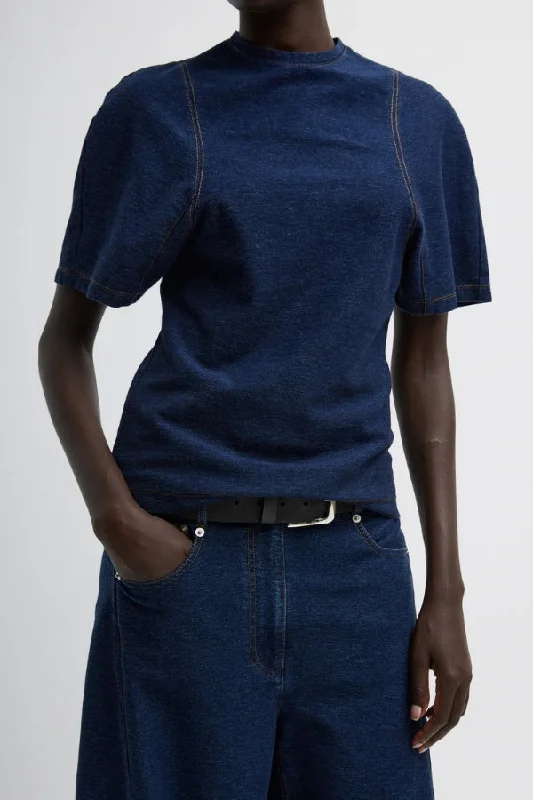 TIBI Indigo Barre Denim Knit Sculpted Shrunken T-Shirt-- Wool Fabric Cashmere Fabric Tweed Fabric TIBI Indigo Barre Denim Knit Sculpted Shrunken T-Shirt-- Wool Fabric Cashmere Fabric Tweed Fabric