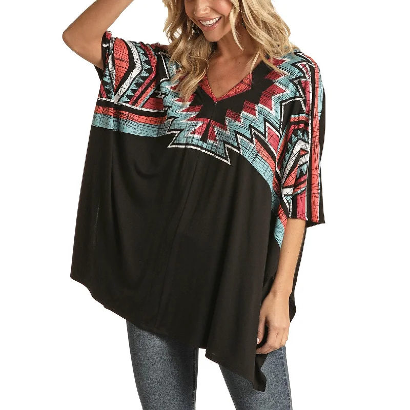 Panhandle White label Ladies Aztec Black Poncho Shirt L9-1933-01-- Nylon Fabric Polyester Fabric Spandex Fabric Panhandle White label Ladies Aztec Black Poncho Shirt L9-1933-01-- Nylon Fabric Polyester Fabric Spandex Fabric