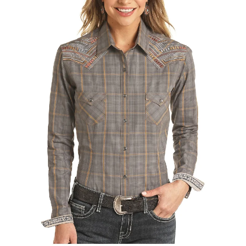 Panhandle Rough Stock Ladies Dobby Plaid Dark Grey Snap Shirt R4S1230-- Graphic T-Shirt Round Neck Polyester