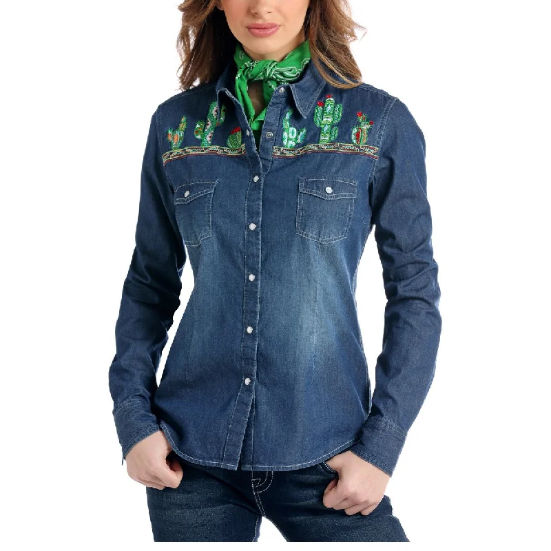 Panhandle Red Label Ladies Cactus Embroidery Denim Snap Shirt J2S2078-- Beaded Sequined Faux Fur
