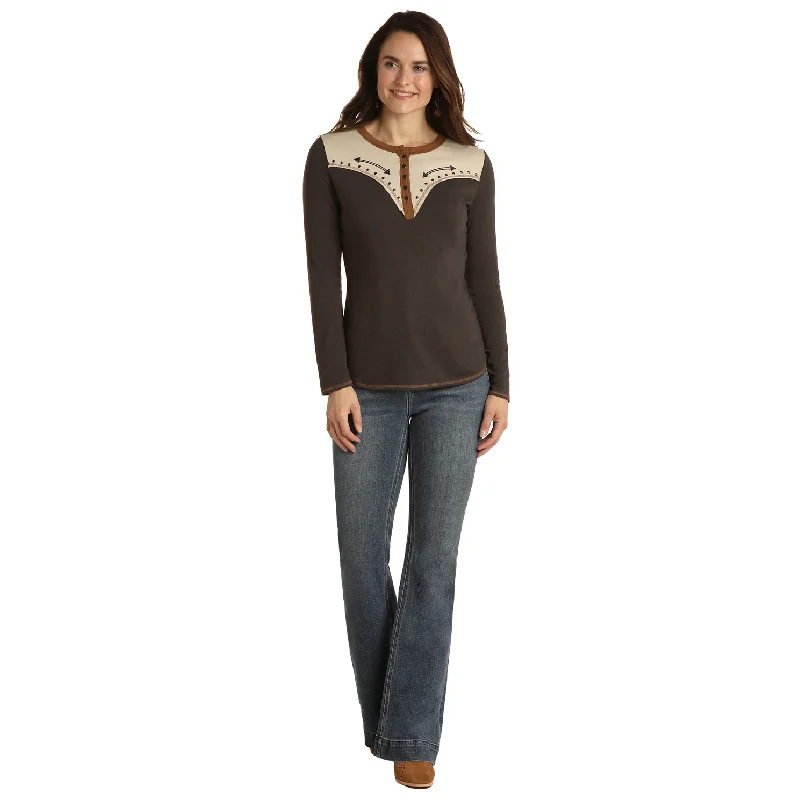 Panhandle White Label® Ladies Retro Western Henley Charcoal T-Shirt WLWT22R02K-02-- Mesh Blend Leather Blend Suede Blend