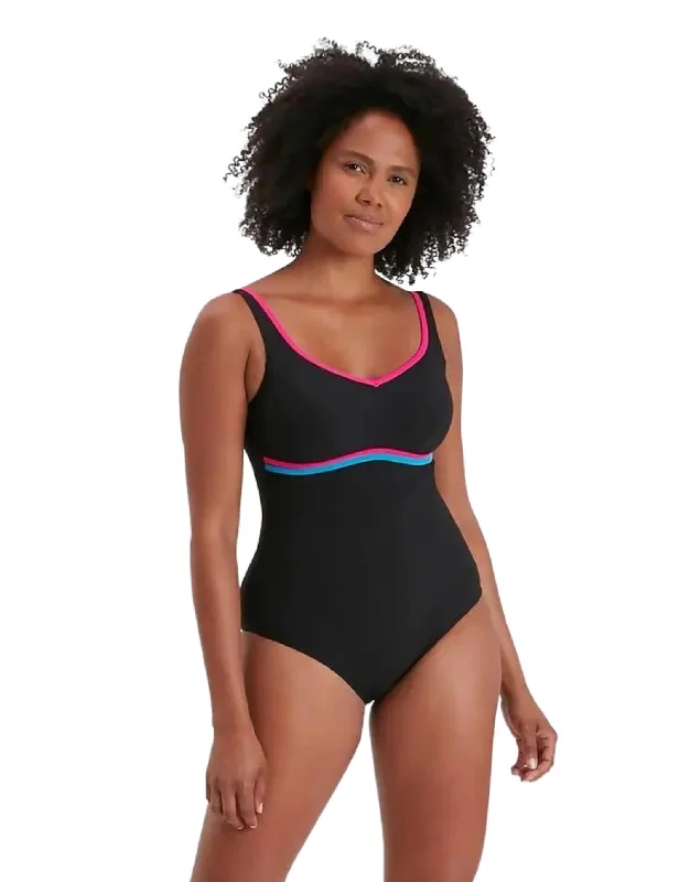 Speedo Sculpture Contourluxe Swimsuit - Black/Pink/Blue Swim Dress with Belt