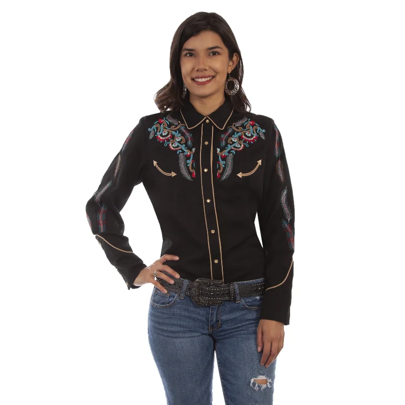 Scully® Ladies Floral Embroidered Black Button Down Shirt PL-878-- Polka Dot Checkered Tartan Scully® Ladies Floral Embroidered Black Button Down Shirt PL-878-- Polka Dot Checkered Tartan