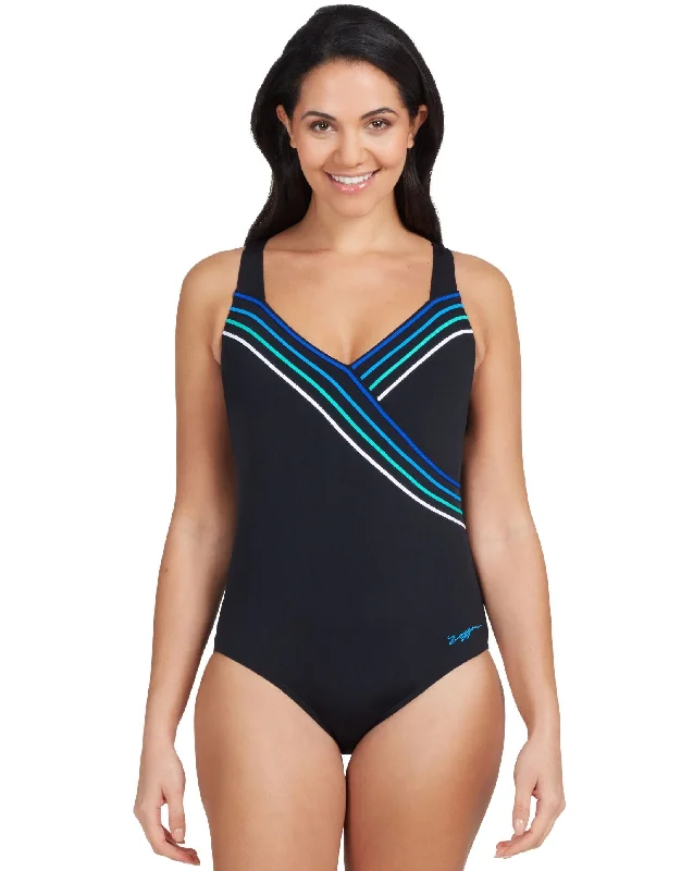 Zoggs Suffolk Concealed Underwired Swimsuit - Black/Blue Tropical Print One-Piece