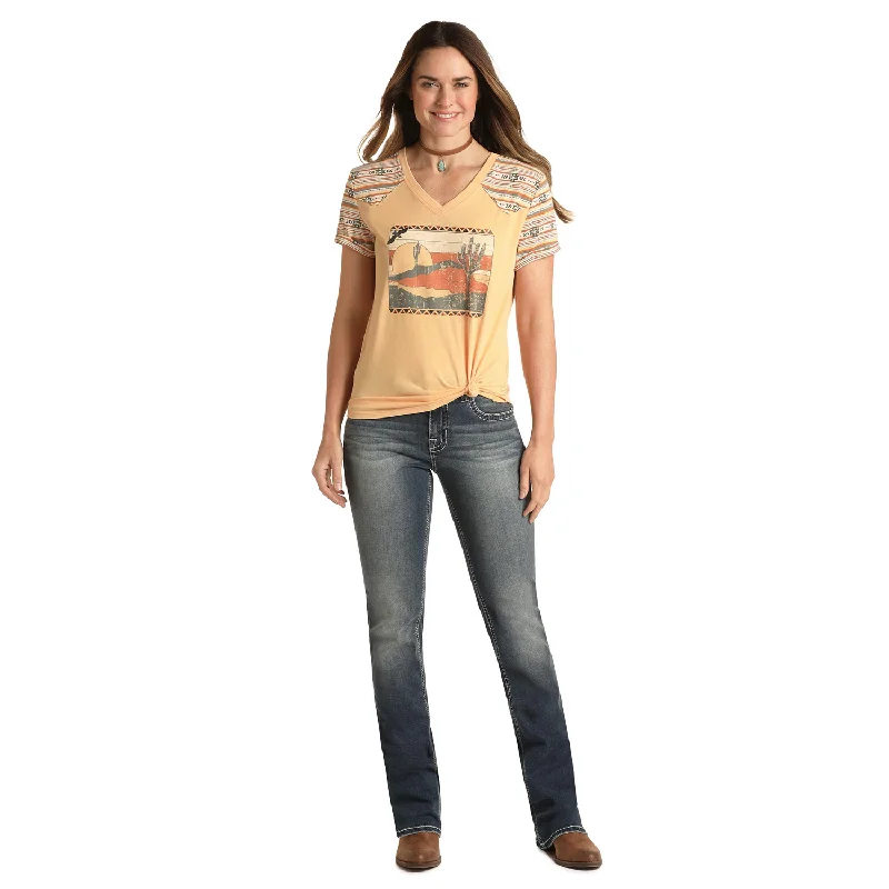 Panhandle Ladies Desert Graphic Print Yokes T-Shirt WLWT21RZIQ-- Zippered Front Buttoned Front Snap Front