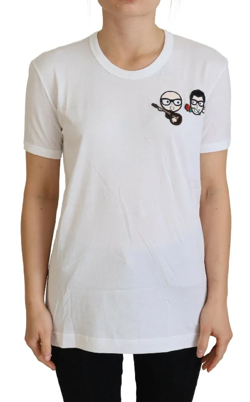 Dolce & Gabbana Elegant White Crewneck Cotton Women's T-Shirt-- Notch Collar Peter Pan Collar Cowl Neck