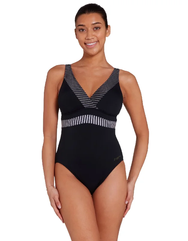 Zoggs Seafarer Square Back Swimsuit - Black/Grey Sexy Cutout Swimsuit