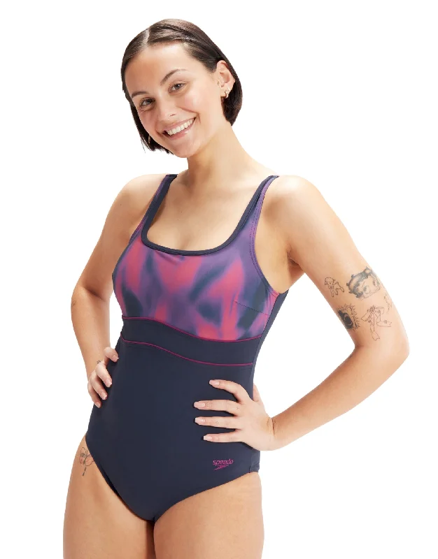 Speedo Shaping Contour Eclipse Printed Swimsuit - Navy/Purple Ruffled Swimsuit Top