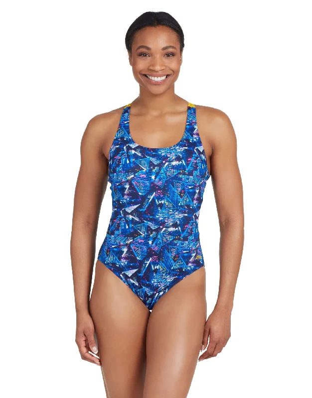 Zoggs Catalyst Actionback Swimsuit - Navy/Blue Tropical Print Bikini