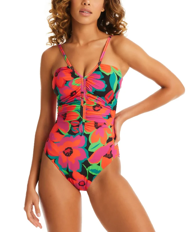 Women's Printed Gardener Shirred-Front One-Piece Swimsuit Tie-Back Swimwear