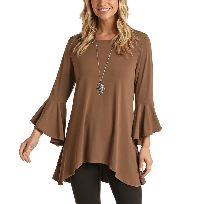 Panhandle Ladies Hi-Low Bell Sleeve Brown Shirt L9T1927-24-- Elasticated Padded Insulated Panhandle Ladies Hi-Low Bell Sleeve Brown Shirt L9T1927-24-- Elasticated Padded Insulated