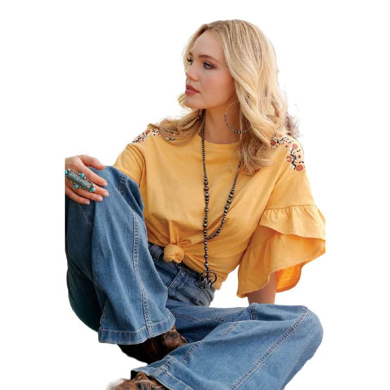 Cruel Denim Ladies Floral Embroidered Yellow Knit Shirt CTK7255002-- Collared Crew Neck Turtle Neck