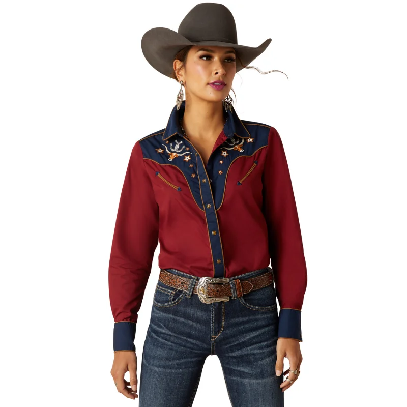 Ariat Ladies Sissy Red & Navy Longhorn Button Down Shirt 10047366-- Spandex Blend Rayon Blend Denim Blend Ariat Ladies Sissy Red & Navy Longhorn Button Down Shirt 10047366-- Spandex Blend Rayon Blend Denim Blend