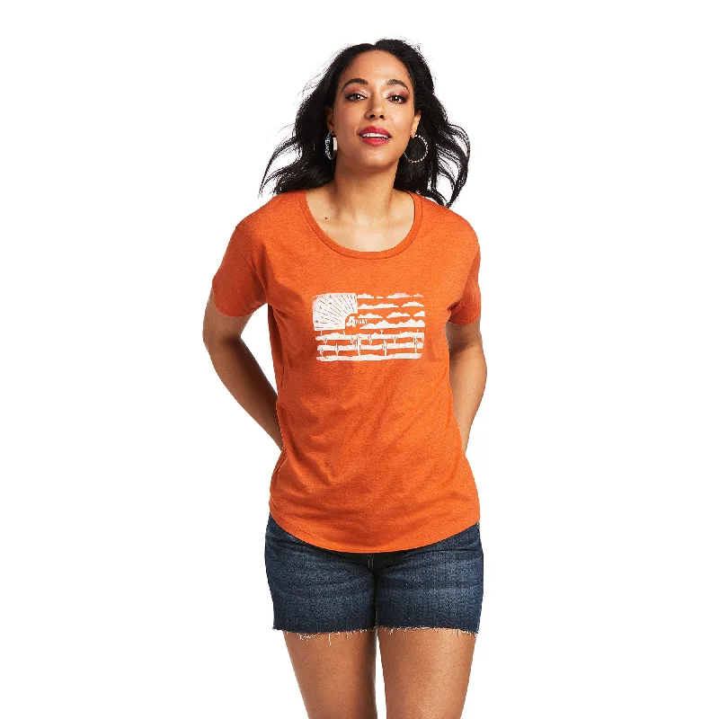 Ariat® Women's Desert Flag Adobe Orange Heather T-Shirt 10039972-- Notch Collar Peter Pan Collar Cowl Neck Ariat® Women's Desert Flag Adobe Orange Heather T-Shirt 10039972-- Notch Collar Peter Pan Collar Cowl Neck