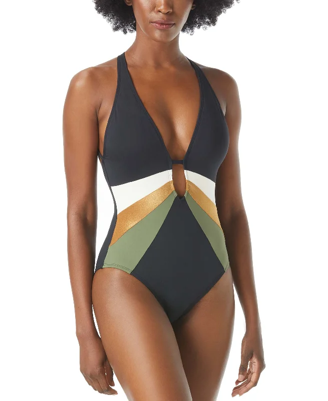 Gold Shimmer Colorblocked Plunging V-Neck One-Piece Swimsuit Two-Piece Beachwear