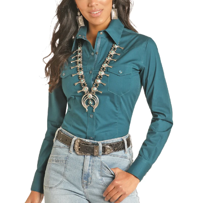Panhandle Ladies Solid Poplin Teal Snap Shirt PWN2S04830-81-- Welt Pockets Slit Pockets Flap Pockets Panhandle Ladies Solid Poplin Teal Snap Shirt PWN2S04830-81-- Welt Pockets Slit Pockets Flap Pockets