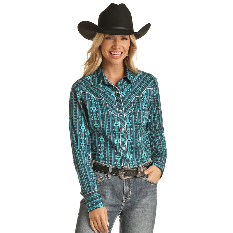 Panhandle® Ladies Western Aztec Print Peacock Shirt RRWSOSRZ01-84-- Cashmere Blend Cotton Blend Poly Blend Panhandle® Ladies Western Aztec Print Peacock Shirt RRWSOSRZ01-84-- Cashmere Blend Cotton Blend Poly Blend