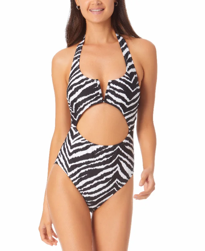 Juniors' Zebra-Print Cutout One-Piece Swimsuit Mesh Panel Swimwear