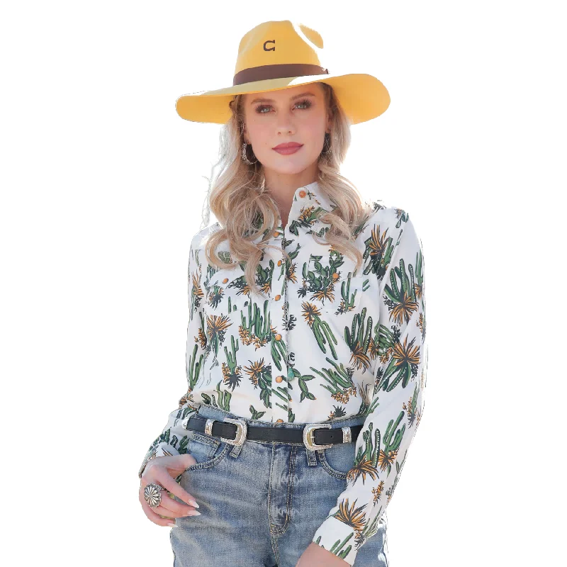 Cinch Ladies White Cactus Print Snap Button Down Shirt CTW7245011-- Hooded Caped Shawl Collar Cinch Ladies White Cactus Print Snap Button Down Shirt CTW7245011-- Hooded Caped Shawl Collar