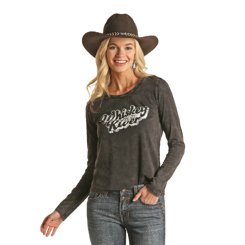 Rock & Roll Cowgirl® Whiskey River Long Sleeve Graphic T-Shirt 48T2382-- Notch Collar Peter Pan Collar Cowl Neck Rock & Roll Cowgirl® Whiskey River Long Sleeve Graphic T-Shirt 48T2382-- Notch Collar Peter Pan Collar Cowl Neck