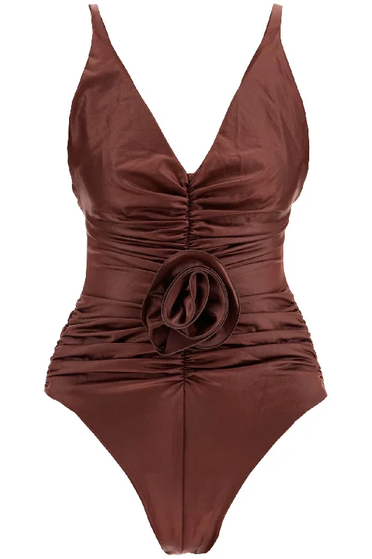 Ruffled One-piece Swimsuit With  - Brown Elegant Halter Bikini