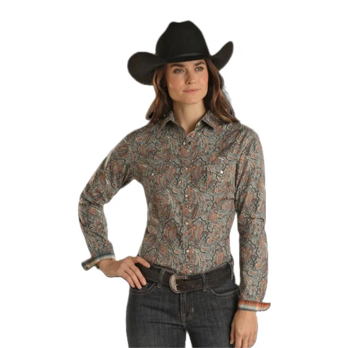 Panhandle Ladies Rough Stock Paisley Print Tan Snap Shirt RWN2S02209-- Spandex Blend Rayon Blend Denim Blend