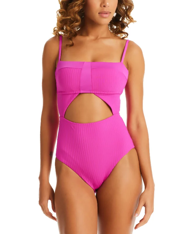 Women's Refresh Ribbed Cutout Bandeau One-Piece Swimsuit Vibrant Bikini Bottoms
