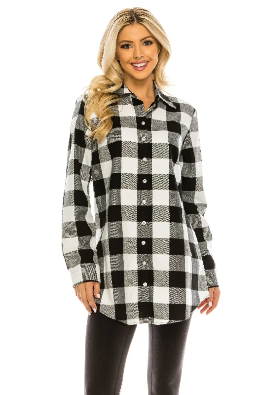 Haute Edition Women's Long Button Down Flannel Tunic Shirt with Plus-- Print Jacquard Patchwork