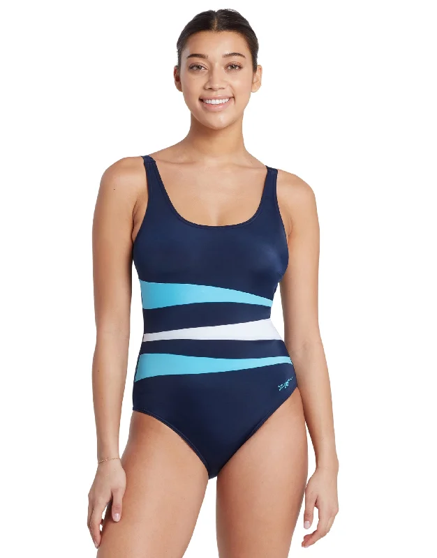 Zoggs Sumatra Adjustable Scoopback Swimsuit - Navy/Light Blue/White Mesh Detail Bikini