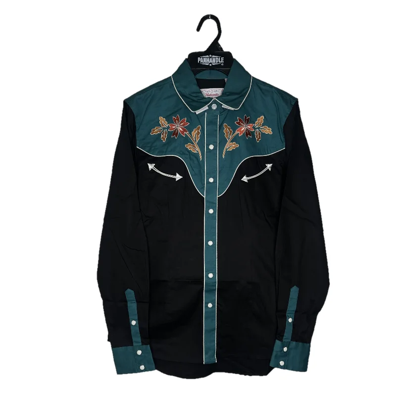 Panhandle Ladies Retro Embroidered Black & Turquoise Snap Western Shirt LWN2S02409-- Mesh Blend Leather Blend Suede Blend Panhandle Ladies Retro Embroidered Black & Turquoise Snap Western Shirt LWN2S02409-- Mesh Blend Leather Blend Suede Blend