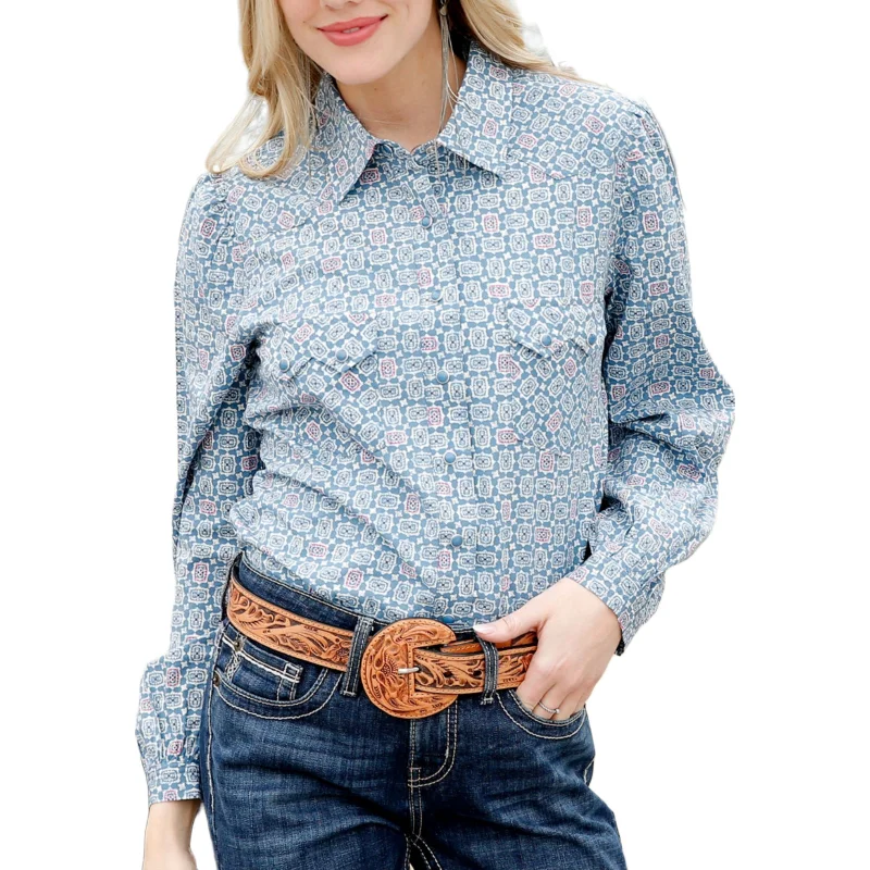Cruel Denim® Ladies Blue Geometric Print Button Down Shirt CTW7383006-- Elasticated Padded Insulated Cruel Denim® Ladies Blue Geometric Print Button Down Shirt CTW7383006-- Elasticated Padded Insulated
