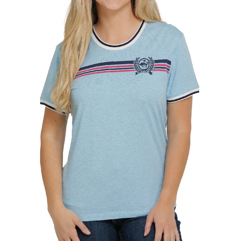 Cinch® Ladies Boyfriend Stripe Print Light Blue T-shirt MSK7890004-- Mesh Fabric Canvas Fabric Denim Fabric