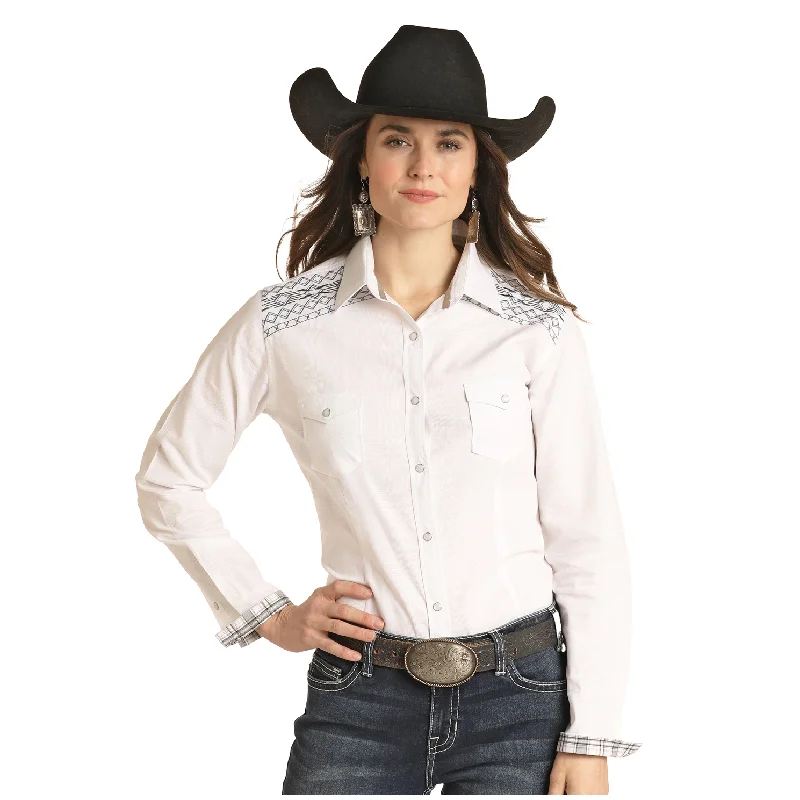 Rough Stock® Ladies Geometric Print White Snap Shirt RSWSOSRYTU-15-- Mesh Canvas Denim Rough Stock® Ladies Geometric Print White Snap Shirt RSWSOSRYTU-15-- Mesh Canvas Denim