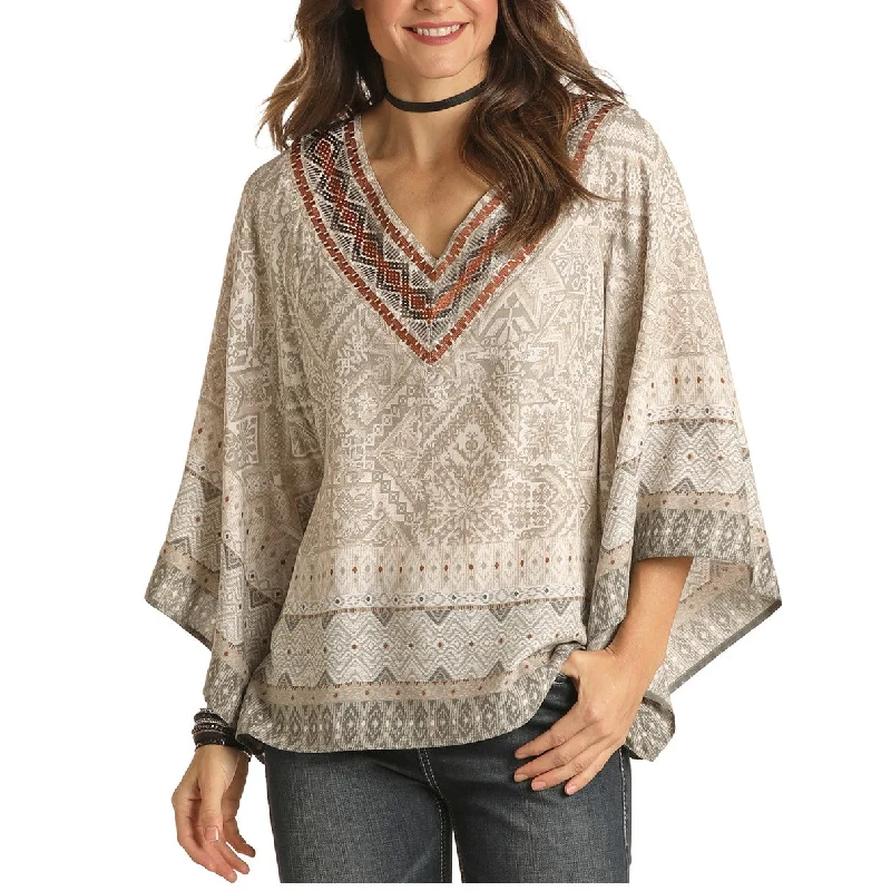 Panhandle Ladies Border Print Off White Poncho Shirt 23-1925-10-- Seamless Knitted Crochet Panhandle Ladies Border Print Off White Poncho Shirt 23-1925-10-- Seamless Knitted Crochet